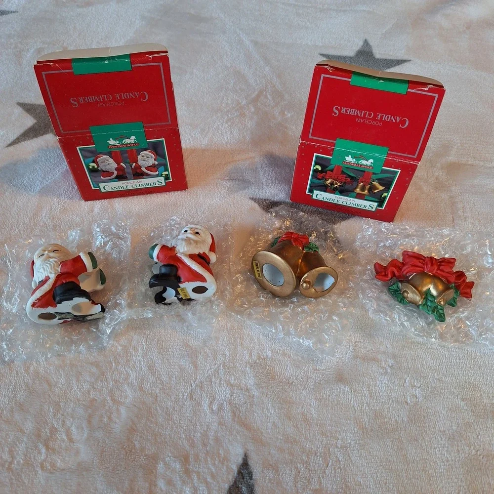Two New Old Stock Vintage Porcelain Candle Climber‎ Hugger Christmas Santa Bells